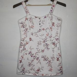 No Boundaries Overall Dress Denim Floral Mini Stretch White Purple Pocket XXL Jr
